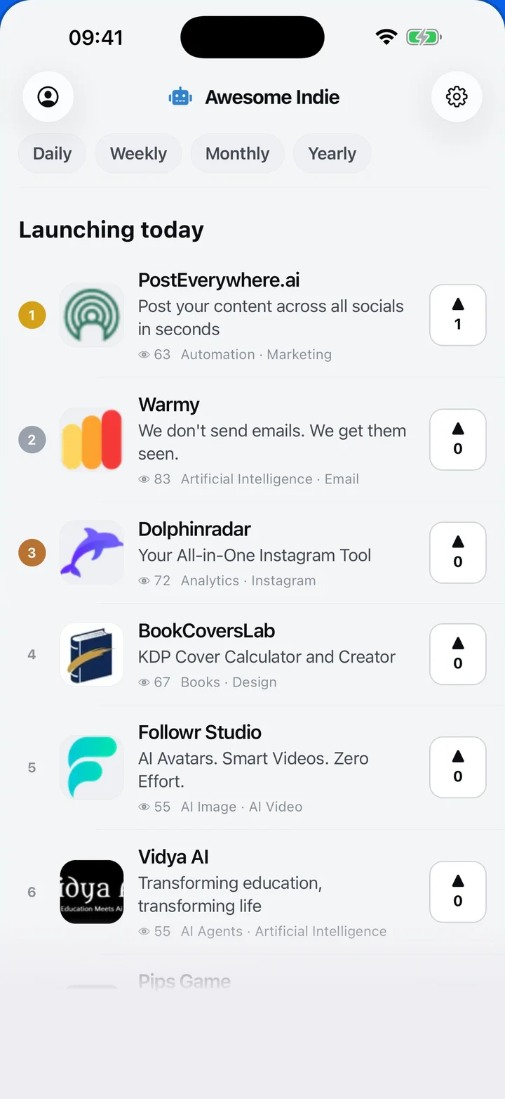 The Awesome Indie app showing the products launching today.